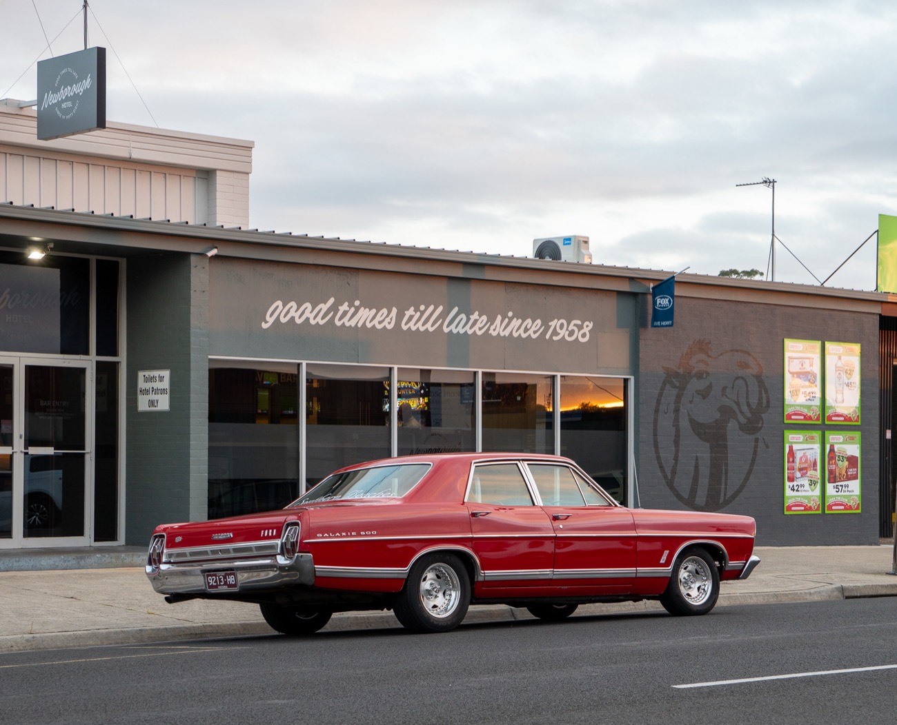The bottleshop frontage on Monash Road, with the painted good times till late since 1958 sign