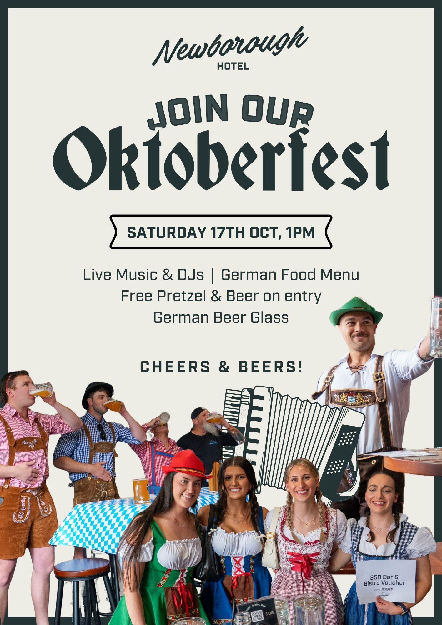 Oktoberfest poster for the Newborough Hotel, Saturday 17 October from 1pm.